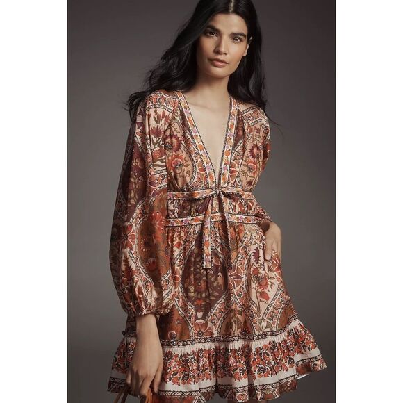 Anthropologie Farm Rio Romantic Nature Multicolor V-Neck Puff-Sleeve Mini Dress - Picture 1 of 7